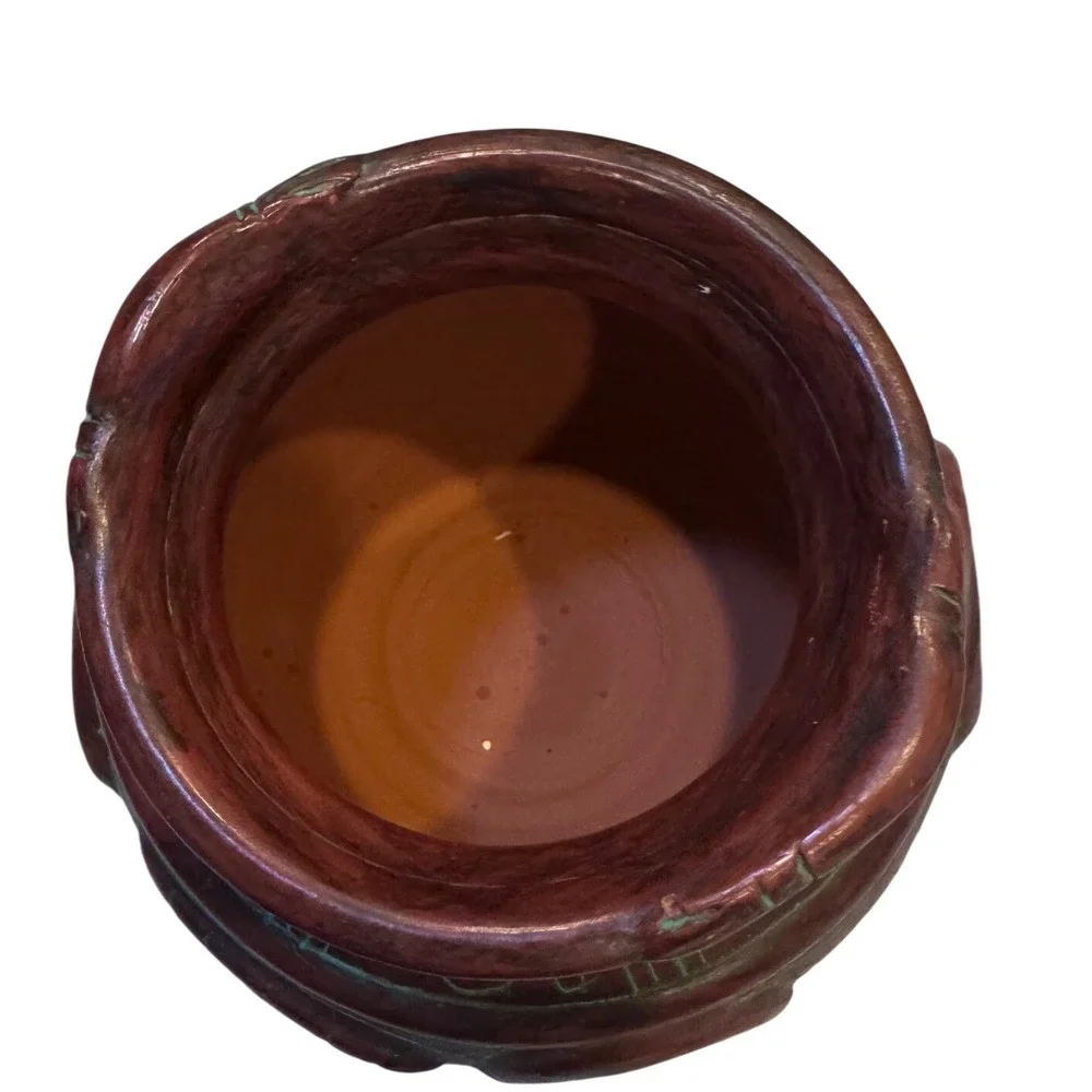 Handmade Red Clay Pottery Vessel Incised Tribal Face Design Green Accents 5